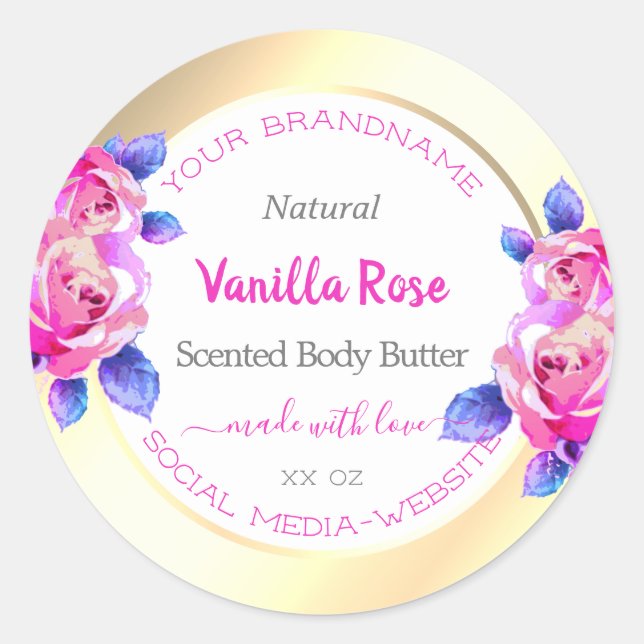 Pink Roses Gold and White Product Packaging Labels (Front)