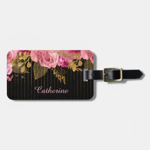 Pink Roses Gold Beads on Black Luggage Tag