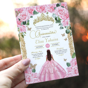 Pink Roses & Gold Butterfly Princess Quinceanera Invitation
