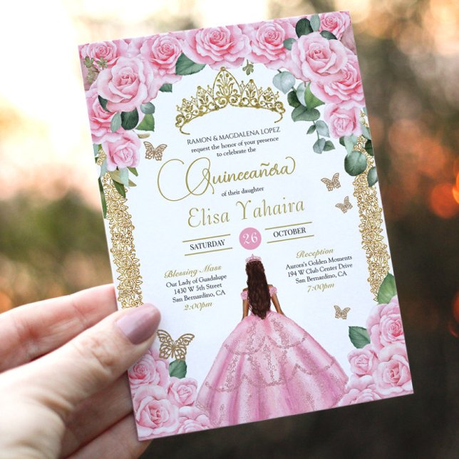 Pink Roses & Gold Butterfly Princess Quinceanera Invitation (Creator Uploaded)