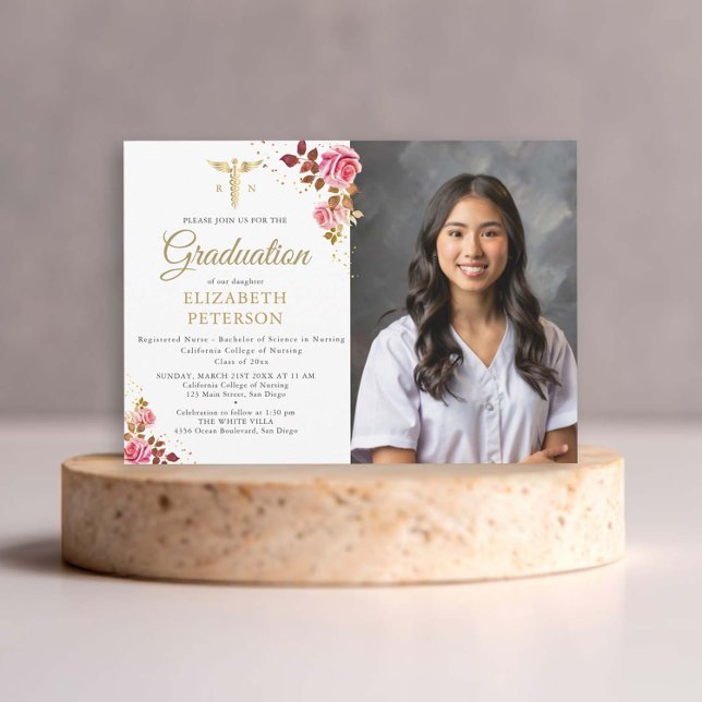 Pink Roses Gold Caduceus Nursing School Graduation Invitation (nursing school graduation gold caduceum roses frame contemporary modern photo nurse watercolor class)