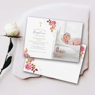 Pink Roses Gold Cross Baby Toddler Photo Baptism Invitation