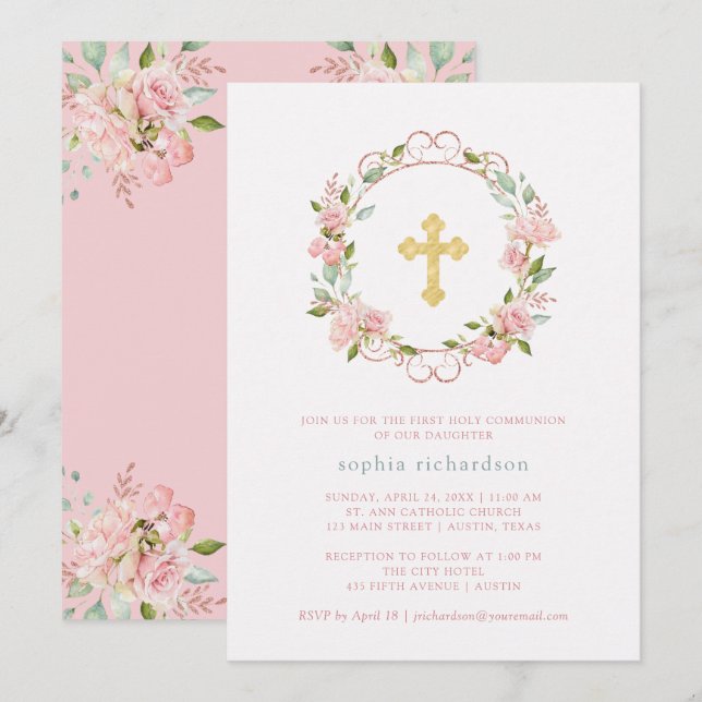 Pink Roses Gold Cross Floral First Holy Communion Invitation (Front/Back)