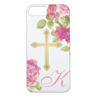Pink Roses Gold Cross Monogrammed Floral Christian