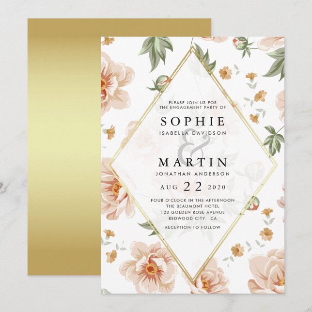 Pink Roses & Gold Elegant Floral Engagement Party Invitation (Front/Back)