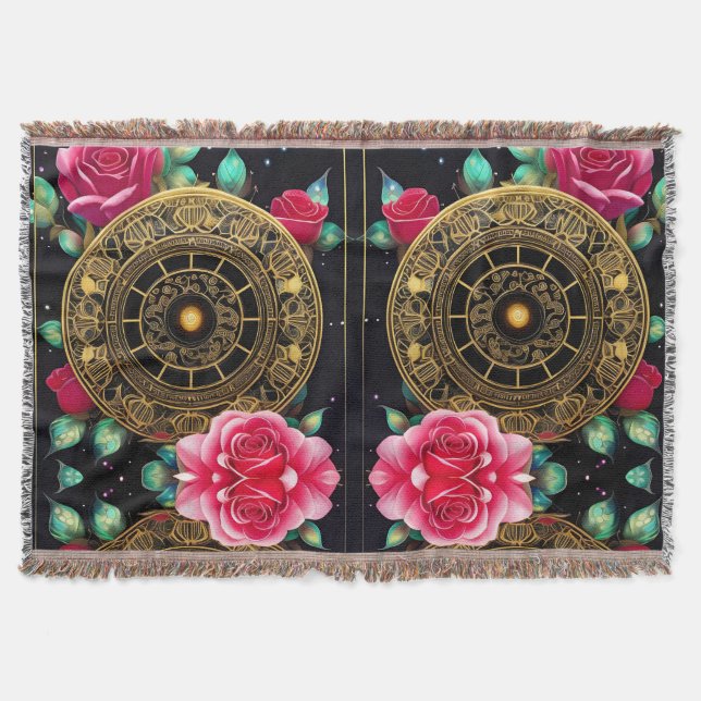 Pink Roses Gold Filigree Art Throw Blanket (Front)