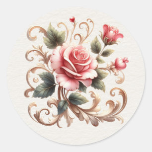 Pink Roses Gold Filigree Valentine Classic Round Sticker