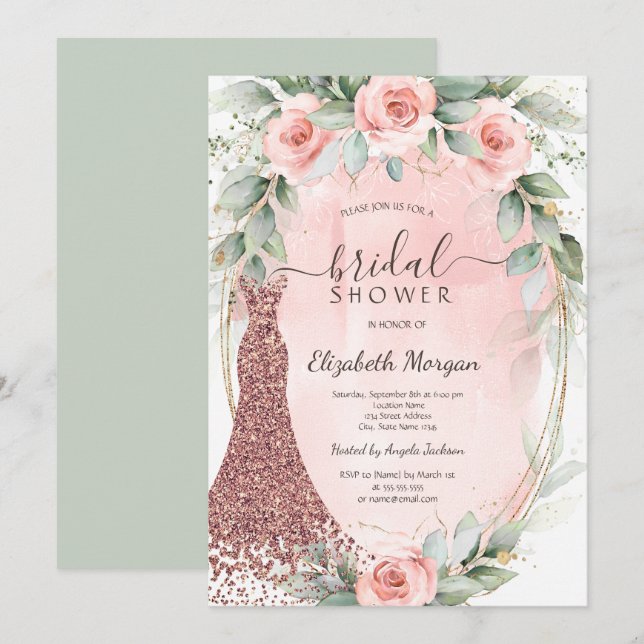 Pink Roses Gold Frame Glitter Dress Bridal Shower  Invitation (Front/Back)