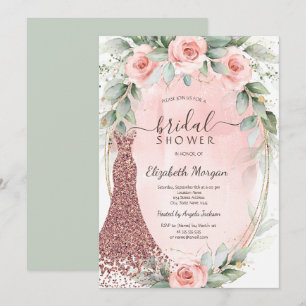 Pink Roses Gold Frame Glitter Dress Bridal Shower  Invitation
