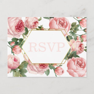 Pink Roses Gold Frame Wedding   Meal Choice RSVP Postcard