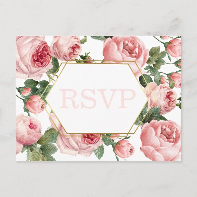 Pink Roses Gold Frame Wedding | Meal Choice RSVP Postcard (Front)