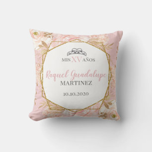 Pink Roses & Gold Geometric Glitter Mis XV Pillow