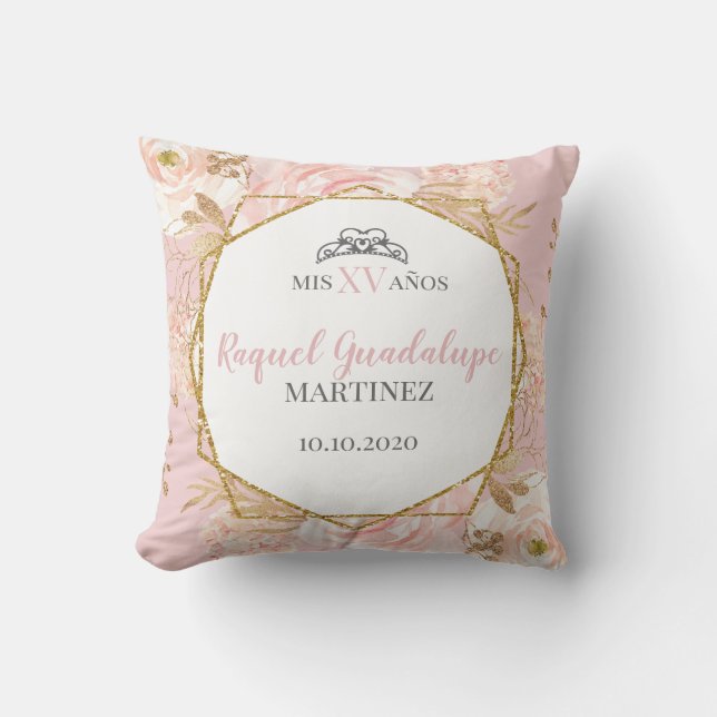 Pink Roses & Gold Geometric Glitter Mis XV Pillow (Front)