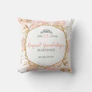 Pink Roses & Gold Geometric Glitter Mis XV Pillow