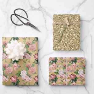 Pink Roses Gold Glam Glitz Wrapping Paper Sheet