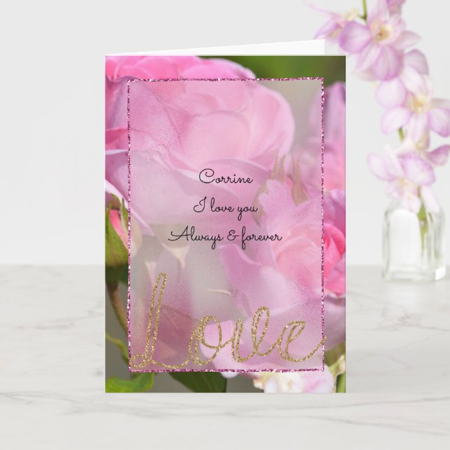 Pink Roses Gold Glitter Love Card (Orchid)