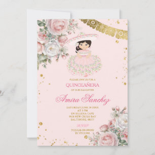 Pink Roses Gold Glitter Spanish Girl Quinceañera Invitation