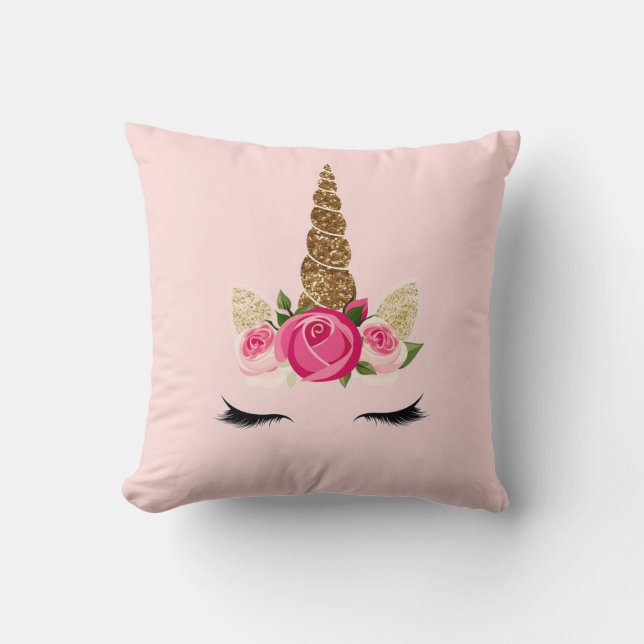 Pink Roses Gold Glitter Unicorn Horn Cushion (Front)