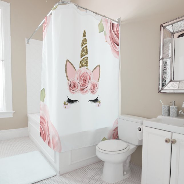 Pink Roses Gold Glitter Unicorn Trendy Cute Shower Curtain (In Situ)