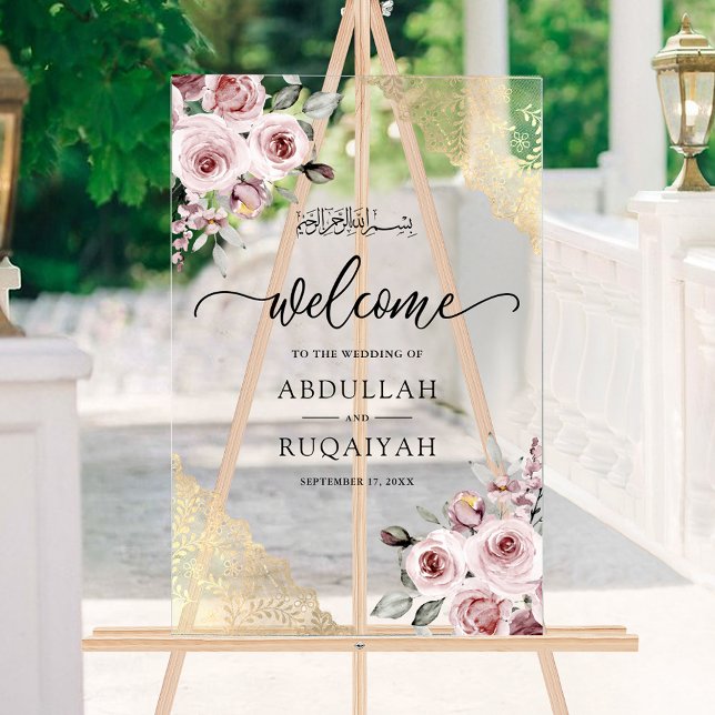 Pink Roses Gold Lace Muslim Wedding Welcome Acrylic Sign (Creator Uploaded)