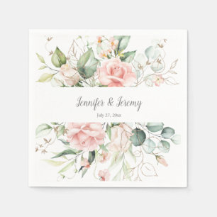 Pink Roses Gold Leaves Eucalyptus Greenery Napkin