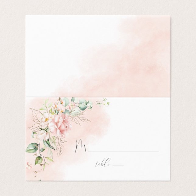 Pink Roses Gold Leaves Greenery Wedding Place Card (Outside Unfolded)