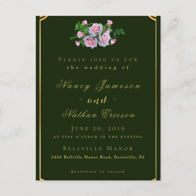 Pink Roses Gold Lettering Wedding Invitation Postcard (Front)