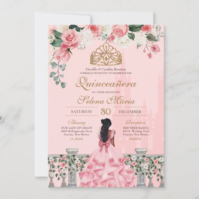 Pink Roses & Gold Princess Fairytale Quinceanera Invitation (Front)