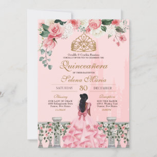 Pink Roses & Gold Princess Fairytale Quinceanera Invitation