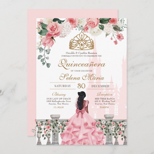 Pink Roses & Gold Princess Fairytale Quinceanera Invitation (Front/Back)