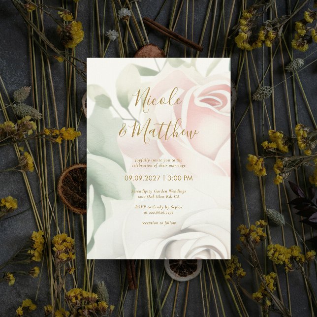 Pink Roses & Gold Script Personalised Wedding Invitation (Pink Roses & Gold Script Personalized Wedding Invitation)