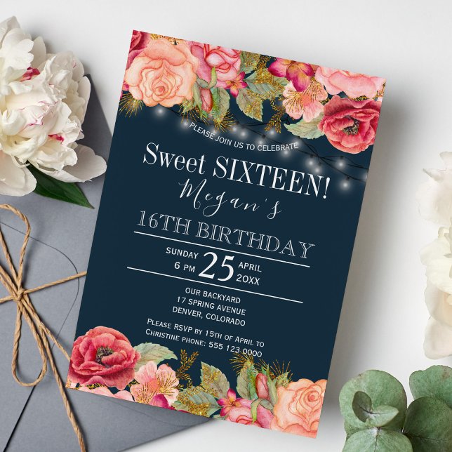 Pink roses gold string lights navy blue sweet 16 invitation (Creator Uploaded)