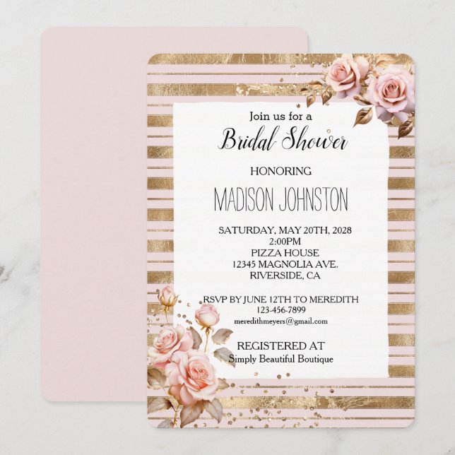 Pink Roses Gold Stripes Glitter Bridal Shower Invitation (Front/Back)