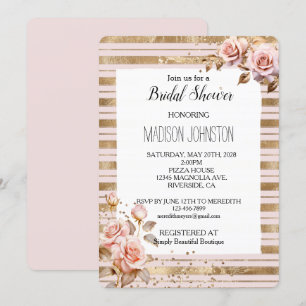 Pink Roses Gold Stripes Glitter Bridal Shower Invitation