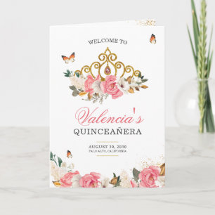 Pink Roses Gold Tiara Butterfly Quinceanera Programme
