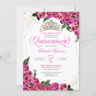 Pink Roses & Gold Tiara Elegant Quinceañera Invitation