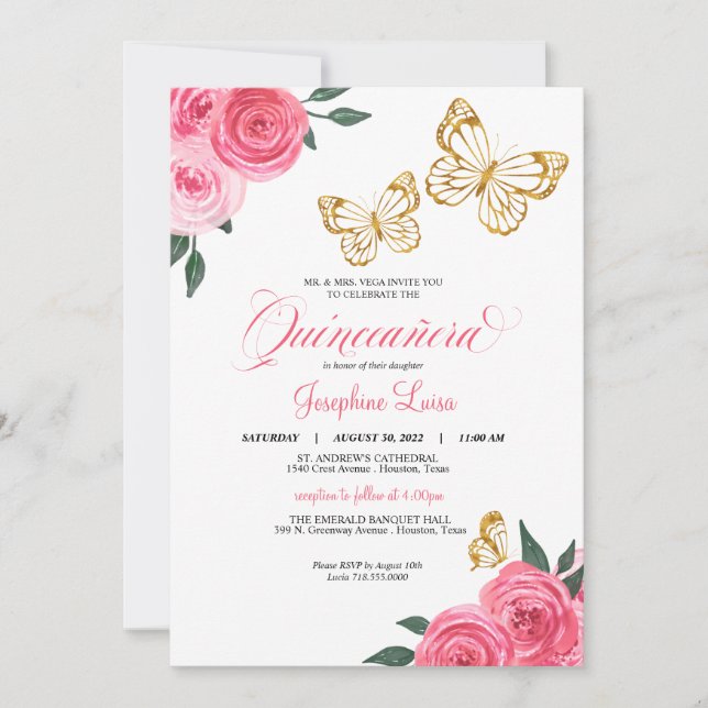 Pink Roses Golden Butterfly Quinceañera Birthday Invitation (Front)