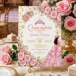 Pink Roses Golden Butterfly Western Quinceañera Invitation