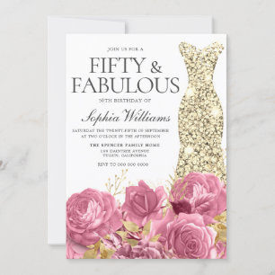 Pink Roses Golden Gown 50th Birthday Party Invitation