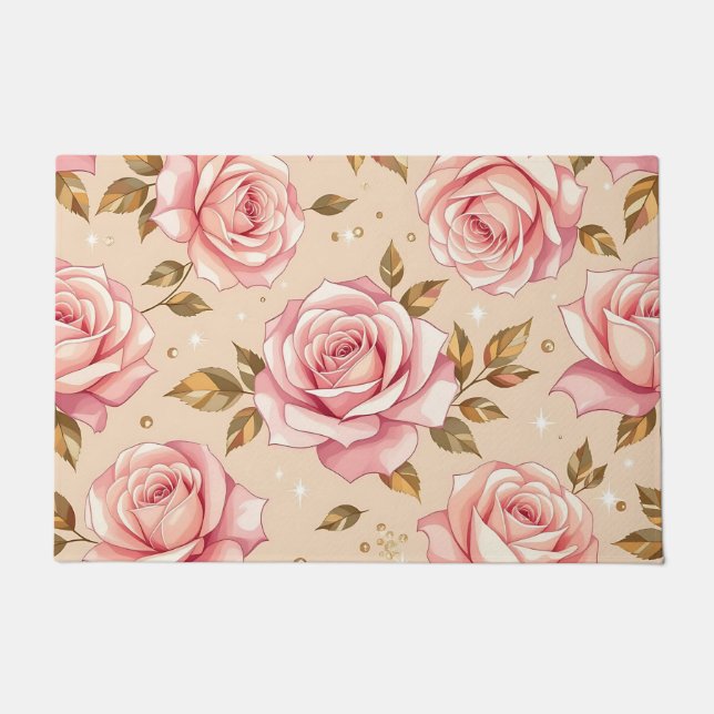 Pink Roses Golden Leaves Pattern Doormat (Front)