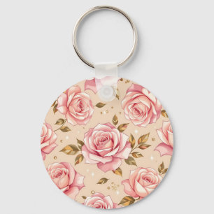 Pink Roses Golden Leaves Pattern Key Ring