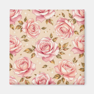 Pink Roses Golden Leaves Pattern Magnet