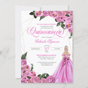 Pink Roses Golden Tiara & Ball Gown Quinceañera Invitation