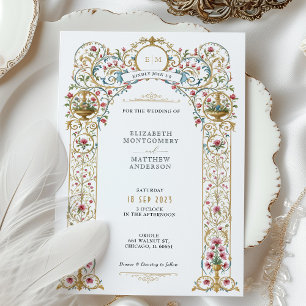 Pink Roses & Golden Urns Victorian Wedding Invitation