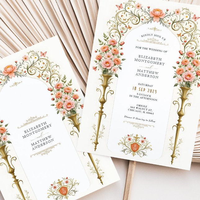 Pink Roses & Golden Urns Victorian Wedding Invitation (Creator Uploaded)