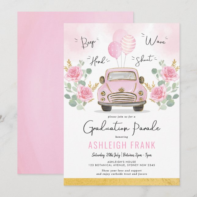 Pink Roses Graduation Parade High School Grad Invitation (Front/Back)