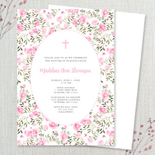Pink Roses Grandmillenial girl baptism invitation
