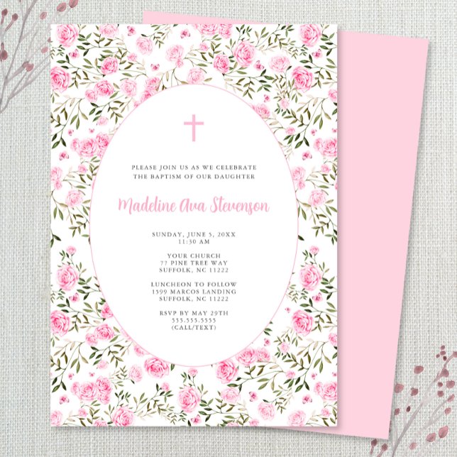 Pink Roses Grandmillenial girl baptism invitation (Creator Uploaded)