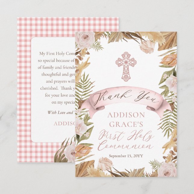Pink Roses | Grasses Floral First Holy Communion Thank You Card (Front/Back)