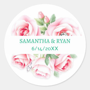 Pink Roses & Green Foliage Wedding Personalised Classic Round Sticker